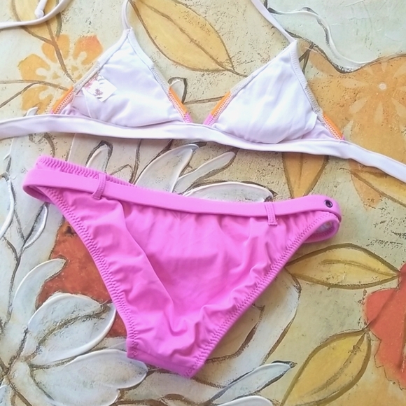 ROXY White Polkadots Lined Belted Boy Shorts Triangle Top Pinks 2 pc Bikini M - Picture 7 of 15